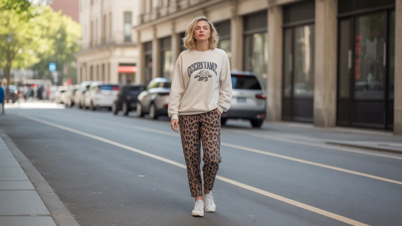 Leopard pants with graphic sweatshirt for casual street style.