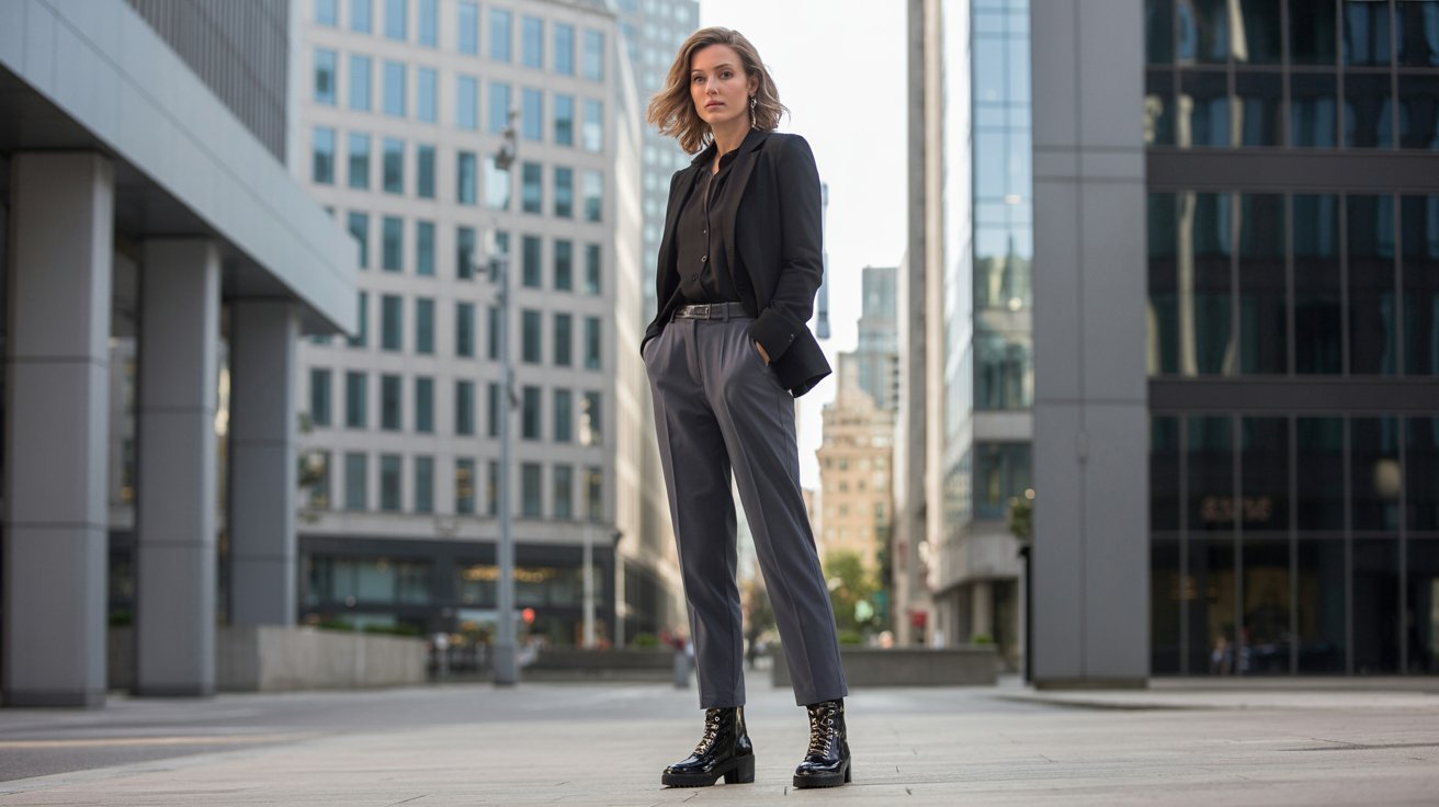 Tailored trousers styled with combat boots for a polished smart casual look.