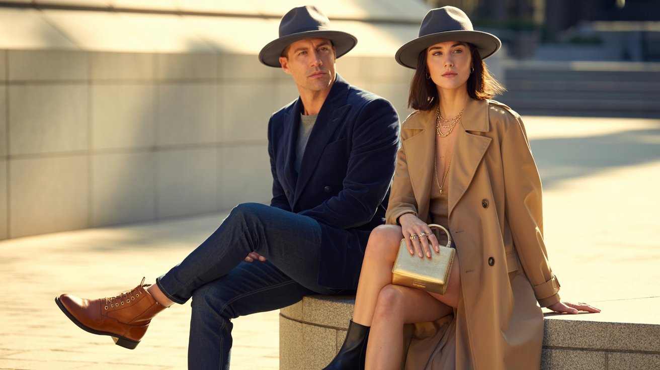 Stylish man and woman wearing fedoras with modern outfits in an elegant urban setting.