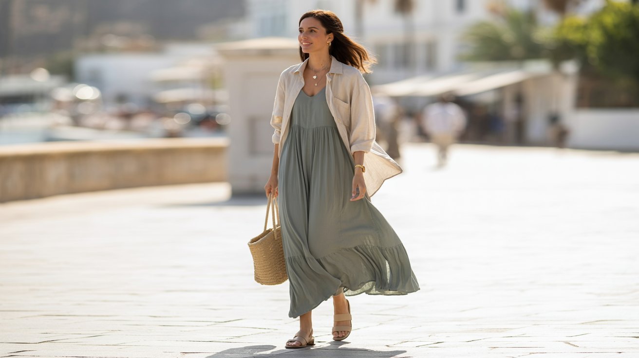 Woman walking near a sunny harbor in a flowy sage green maxi dress paired with an open beige linen shirt.