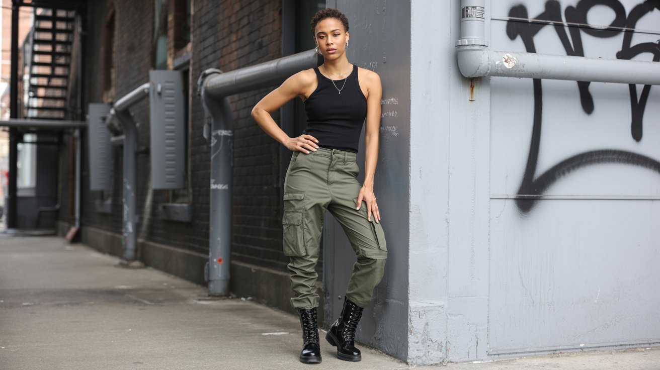 Cargo pants and combat boots creating a modern utility inspired outfit.