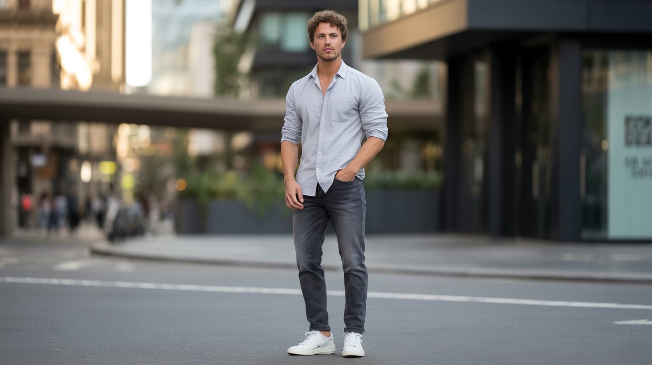"Man styling a fitted button-up shirt with dark jeans and white sneakers for a casual everyday outfit."
