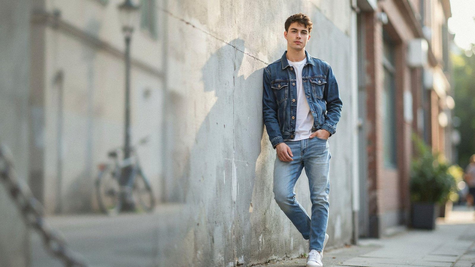"Young man wearing light blue jeans with a darker denim jacket and white t-shirt in a casual urban double denim outfit."