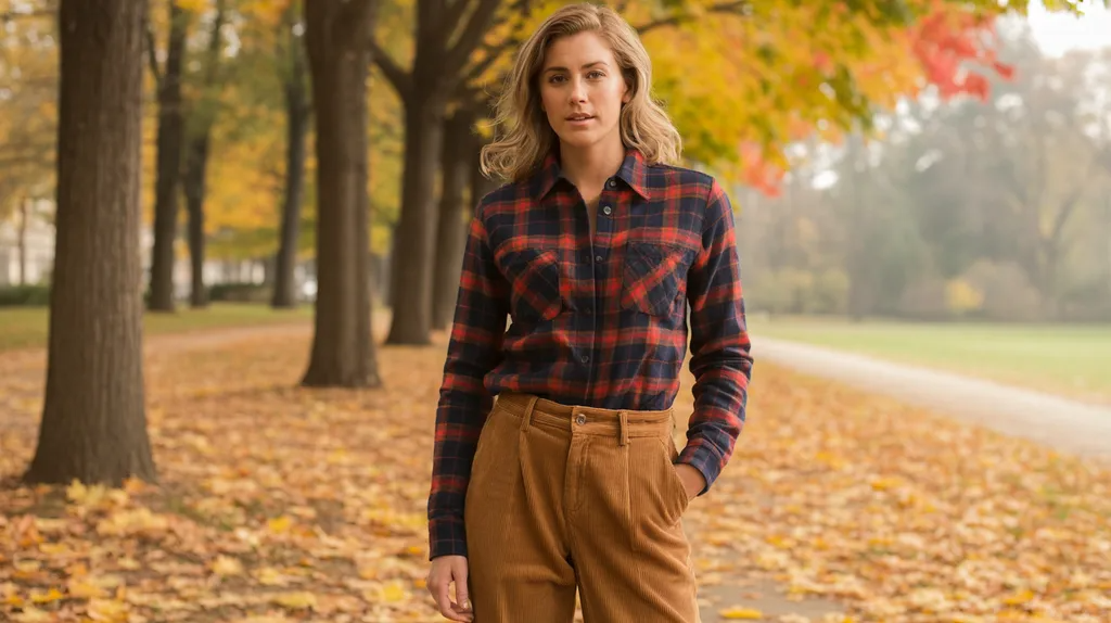 Plaid flannel shirt styled with corduroy pants.