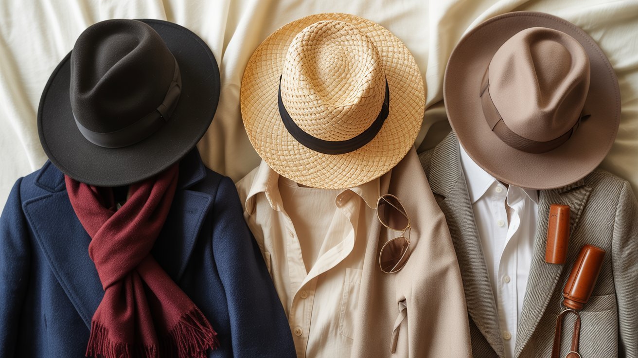 Felt, straw, and wool fedoras styled for different seasons and occasions.