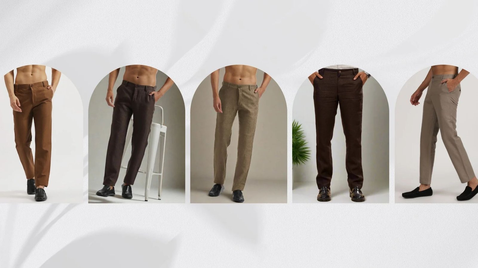 Five styles of pants in various colors, showcasing the versatility of brown pants among the options displayed.