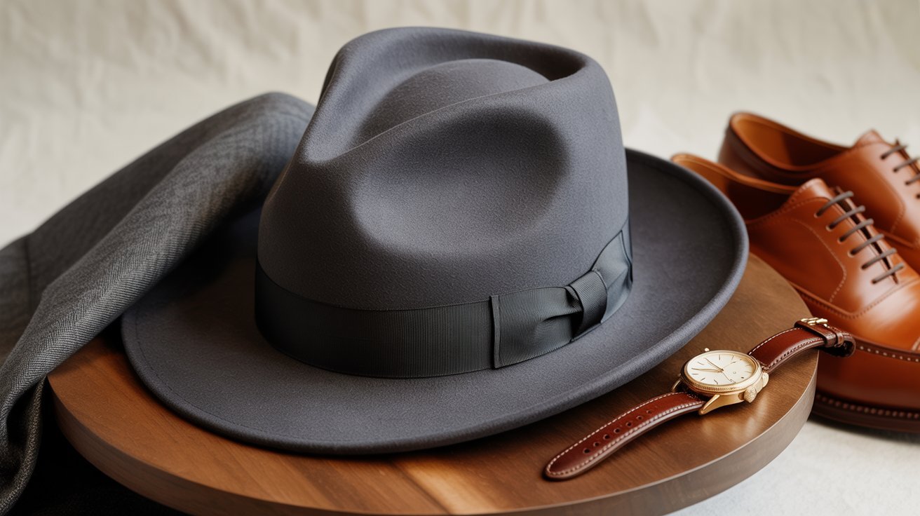Fedora hat with wide brim, creased crown, and ribbon band in elegant display.
