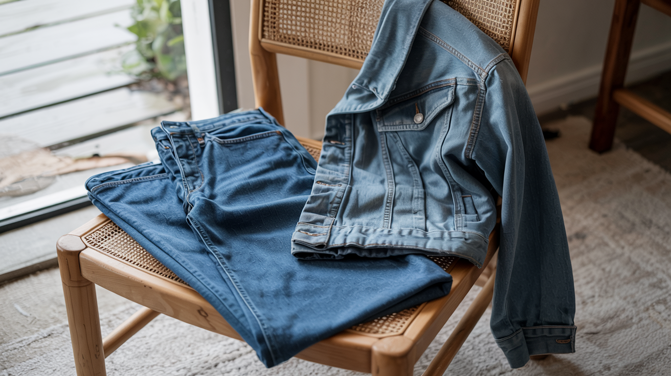 Classic denim jacket and straight-leg jeans styled simply in a light, coastal-inspired space, reflecting timeless everyday fashion.