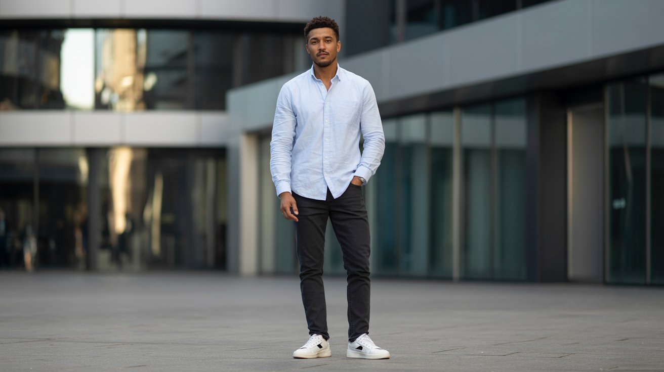 "Man styling a light blue button-up shirt with dark jeans and white sneakers for a smart casual outfit guide."