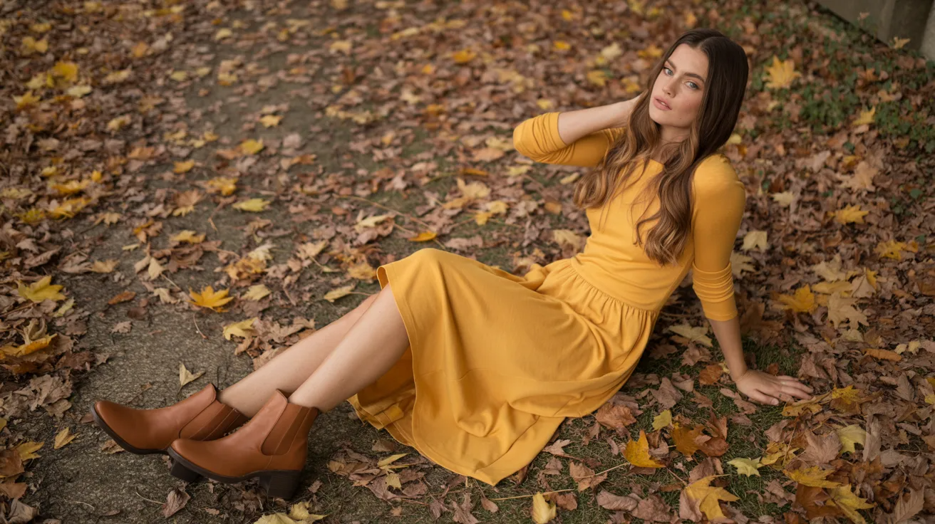 Cognac shoes styled with yellow dress for warm autumn outfit look.