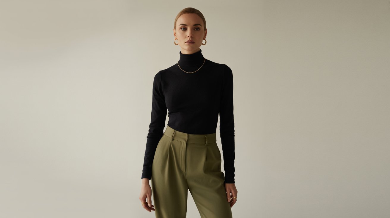 Olive green pants paired with black turtleneck for sleek minimalist autumn style