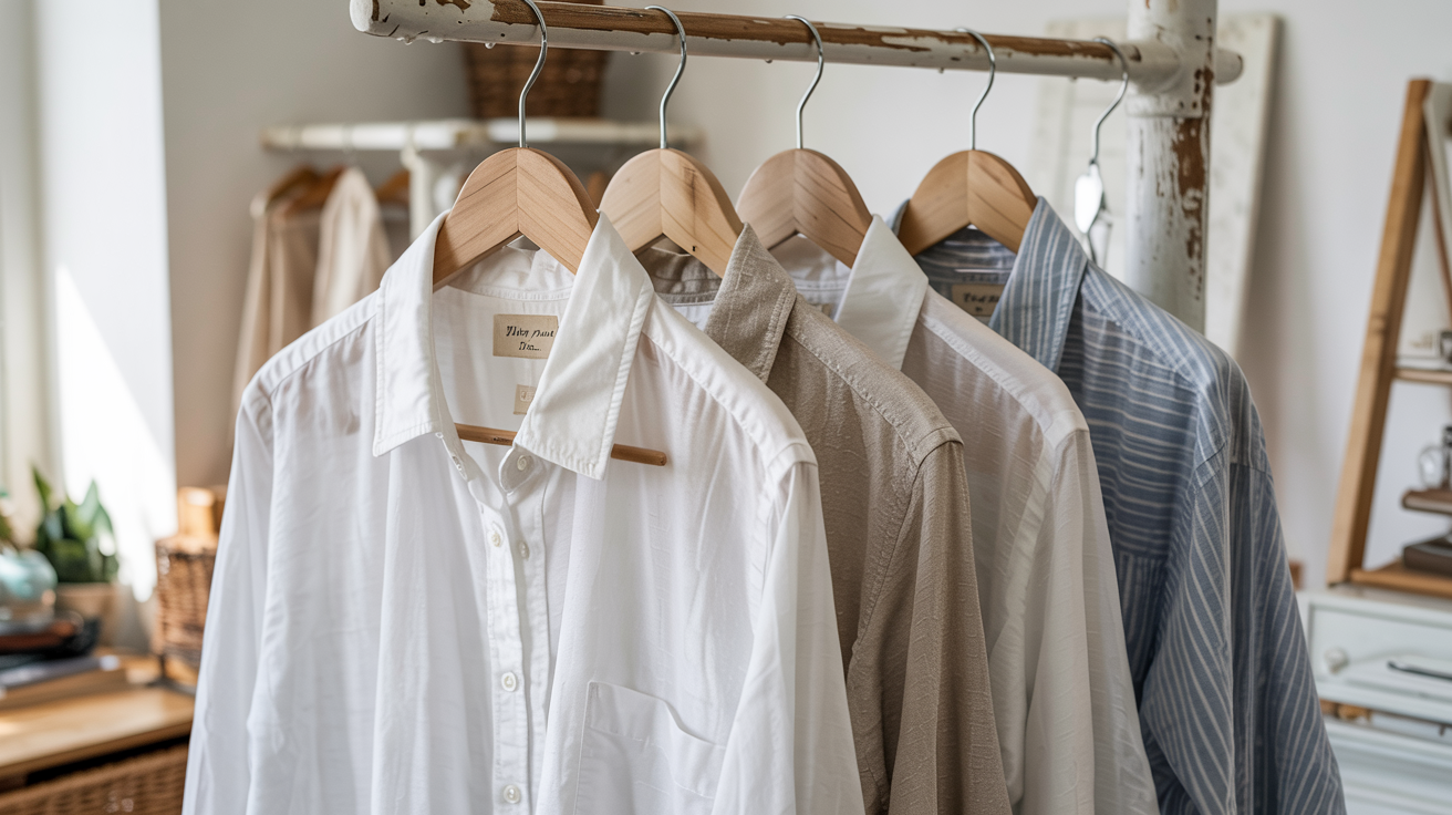 Crisp white button-down shirts neatly displayed in a bright, airy wardrobe space reflecting a relaxed coastal style.