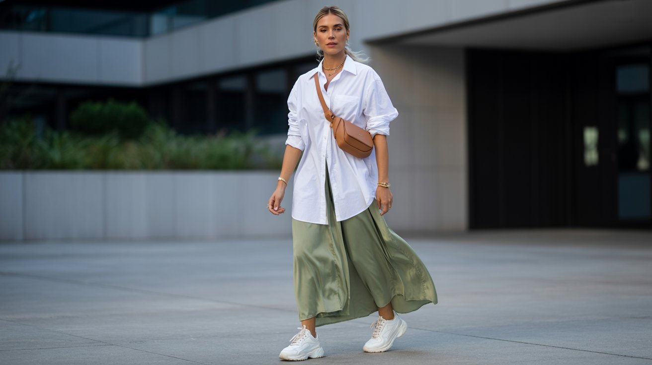 Woman walking outdoors in an oversized white shirt layered over a flowing sage green midi dress.