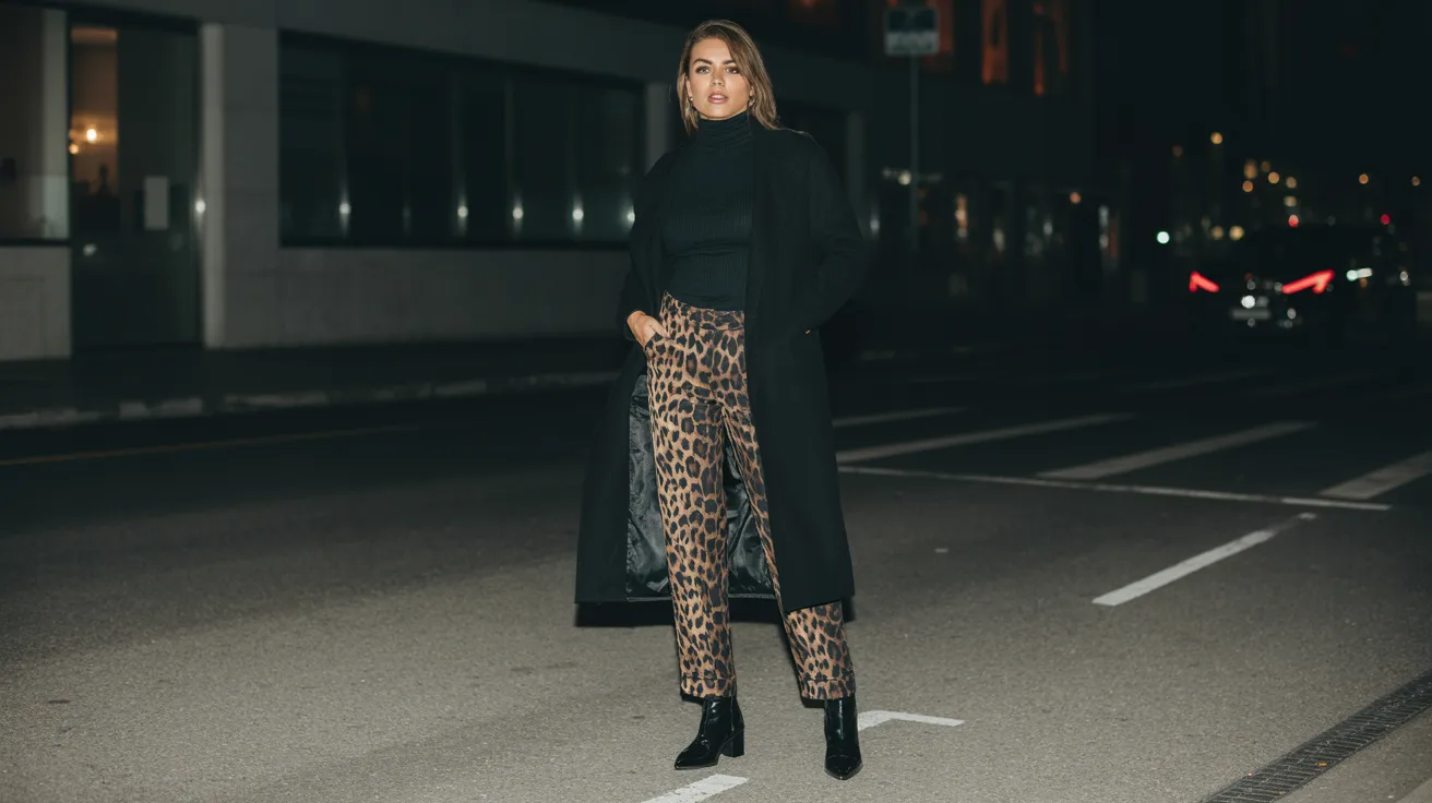 Leopard pants with long coat and boots for winter chic outfit.