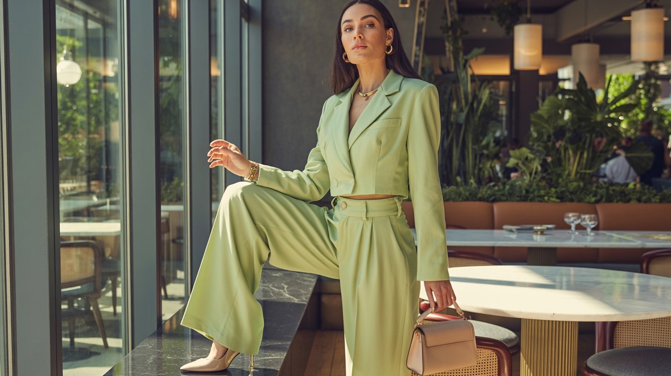 Woman wearing a matching co-ord set at a modern luncheon event