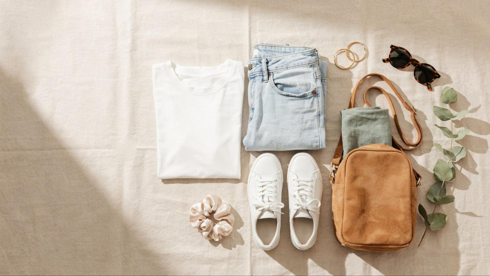 A flat lay of a casual everyday outfit including a white oversized tee, light wash jeans, white sneakers, a crossbody bag, gold hoop earrings, sunglasses, and a scrunchie arranged on a neutral background.