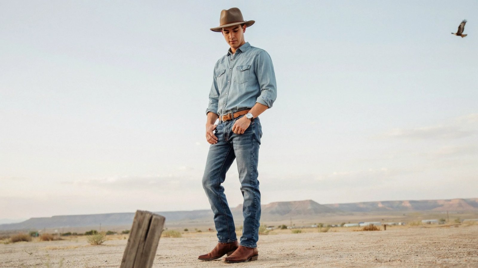 Cowboy outfit with simple and balanced Western accessories.