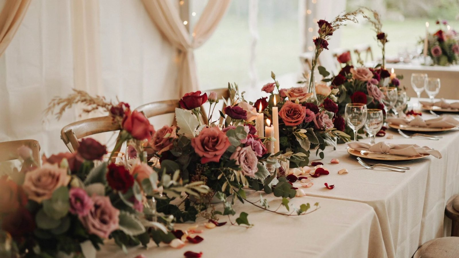 Wine and burgundy floral arrangements for wedding décor.