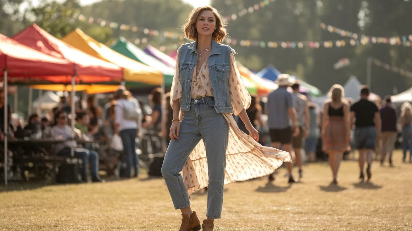 Boho-inspired denim vest outfit with printed blouse and ankle boots.