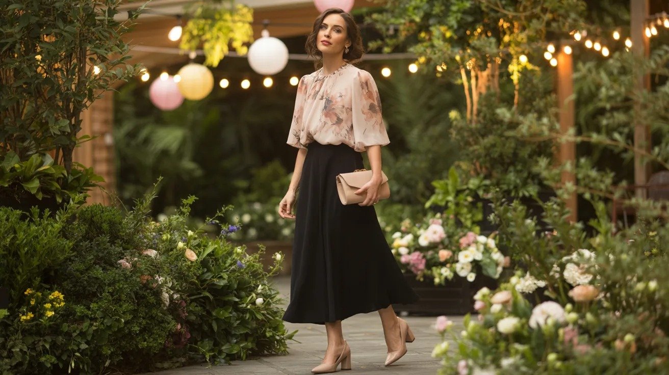 Black skirt styled with floral blouse and heels for wedding guest outfit.