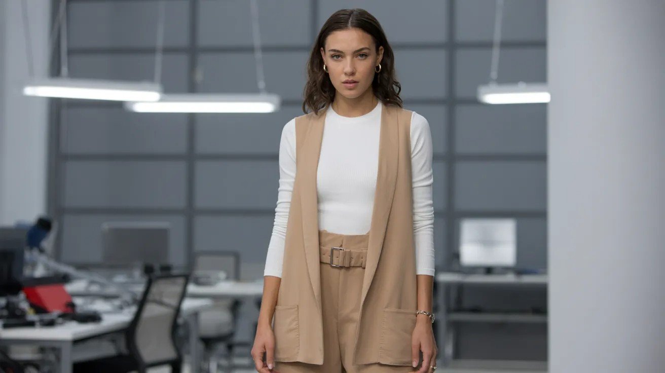 Woman in vest-style jumpsuit layered over fitted top in modern urban fashion setting.