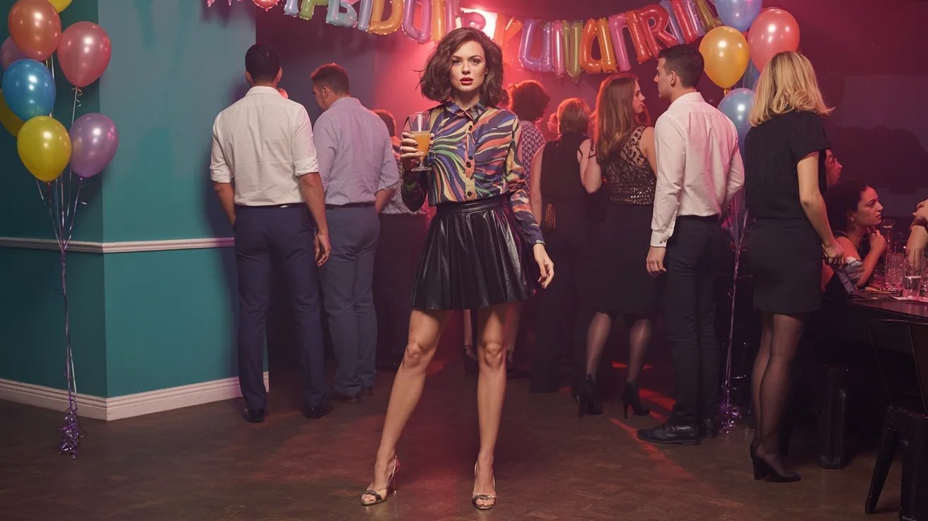 Black skirt styled with bold top for birthday celebration outfit.