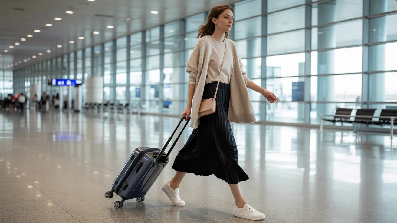 Black skirt with tee and sneakers for comfortable airport travel outfit.