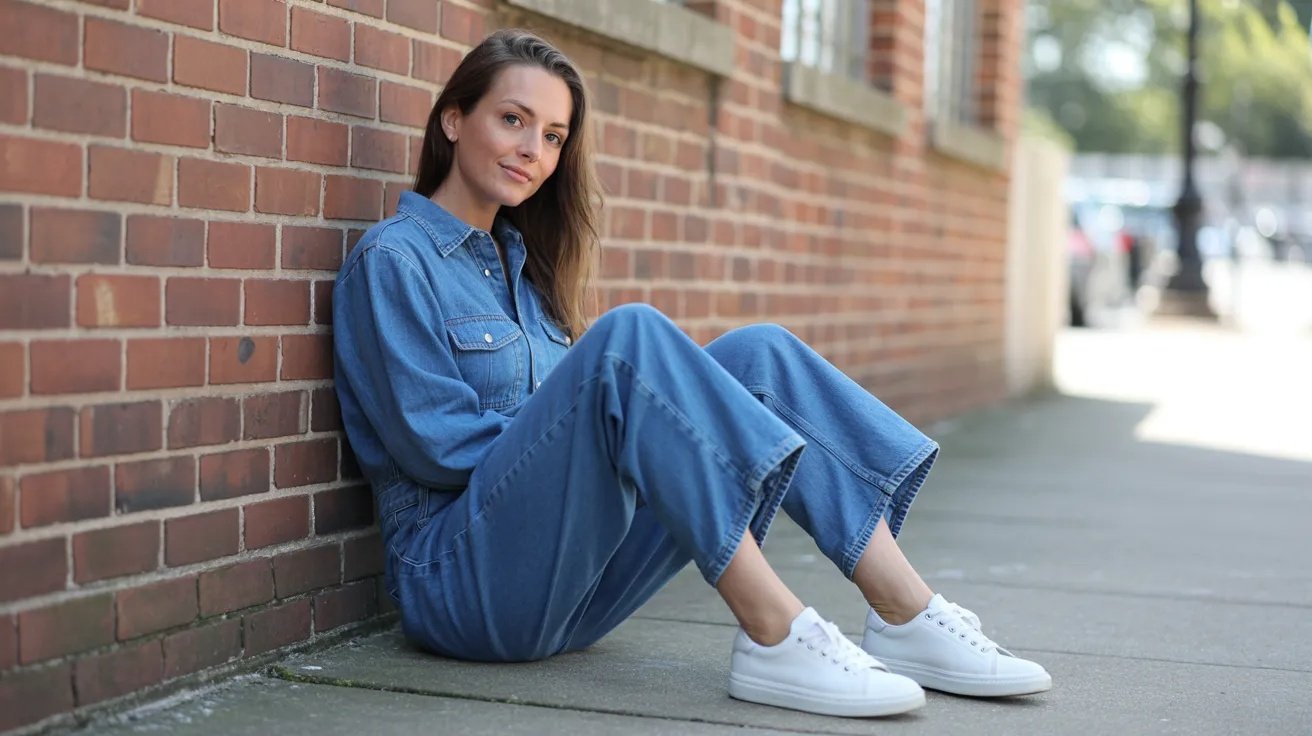 Woman in denim jumpsuit and sneakers standing against brick wall in casual street style.
