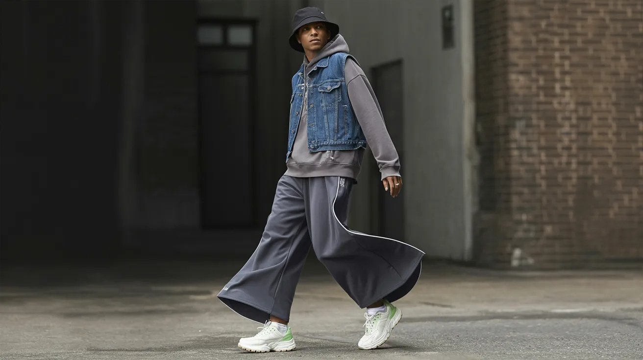 Denim vest styled with track pants for a sporty streetwear look