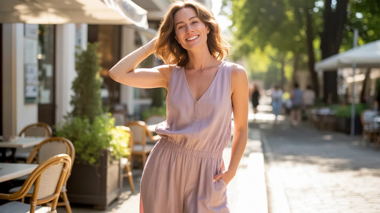 Woman in sleeveless jumpsuit standing outdoors in warm sunny weather with casual style.