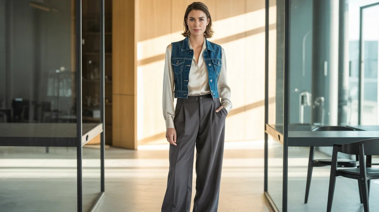 Denim vest paired with tailored trousers for a smart casual outfit.