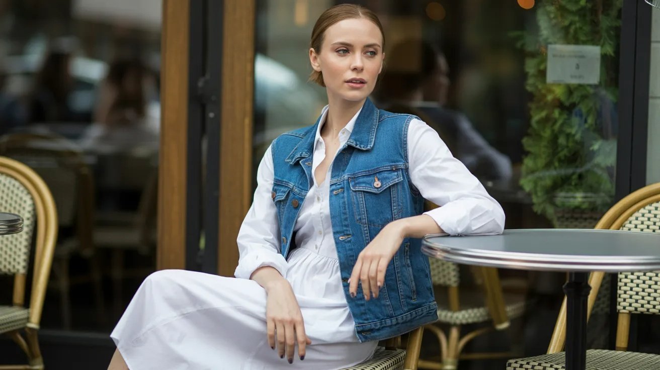 A denim vest layered over a white shirt dress for a casual chic outfit.