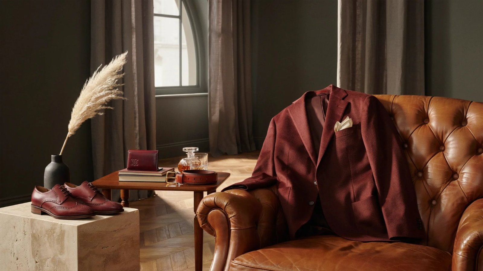 Burgundy fashion pieces designed for formal occasions.