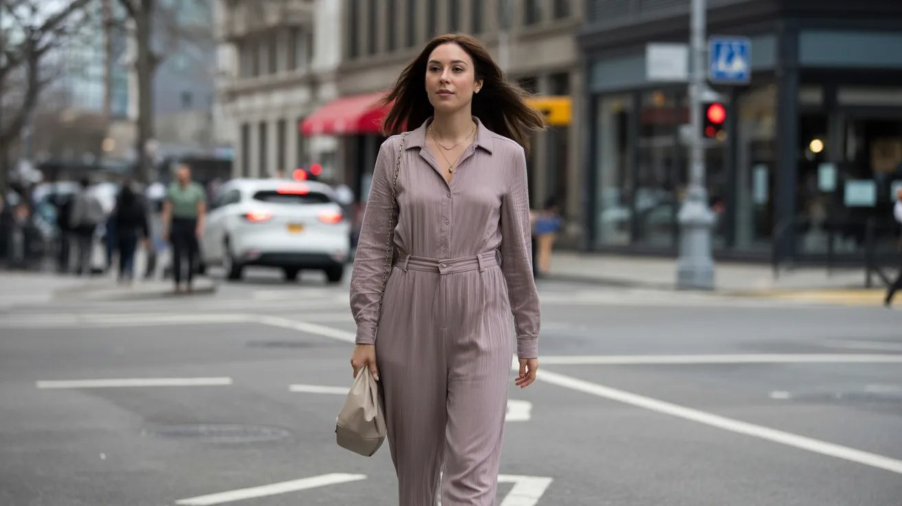 Woman in long-sleeve jumpsuit walking in city street during cool weather in chic style.