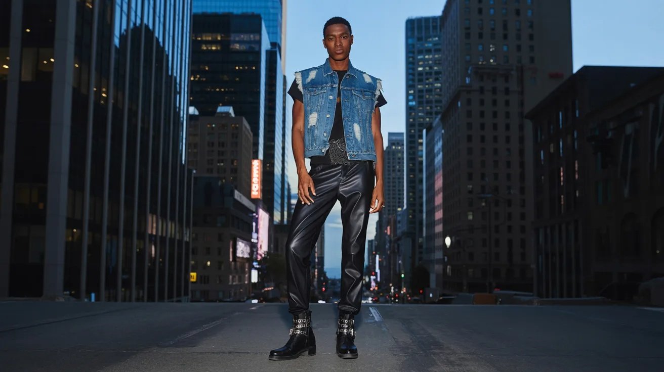 Triple denim outfit featuring a denim vest, denim shirt, and jeans.