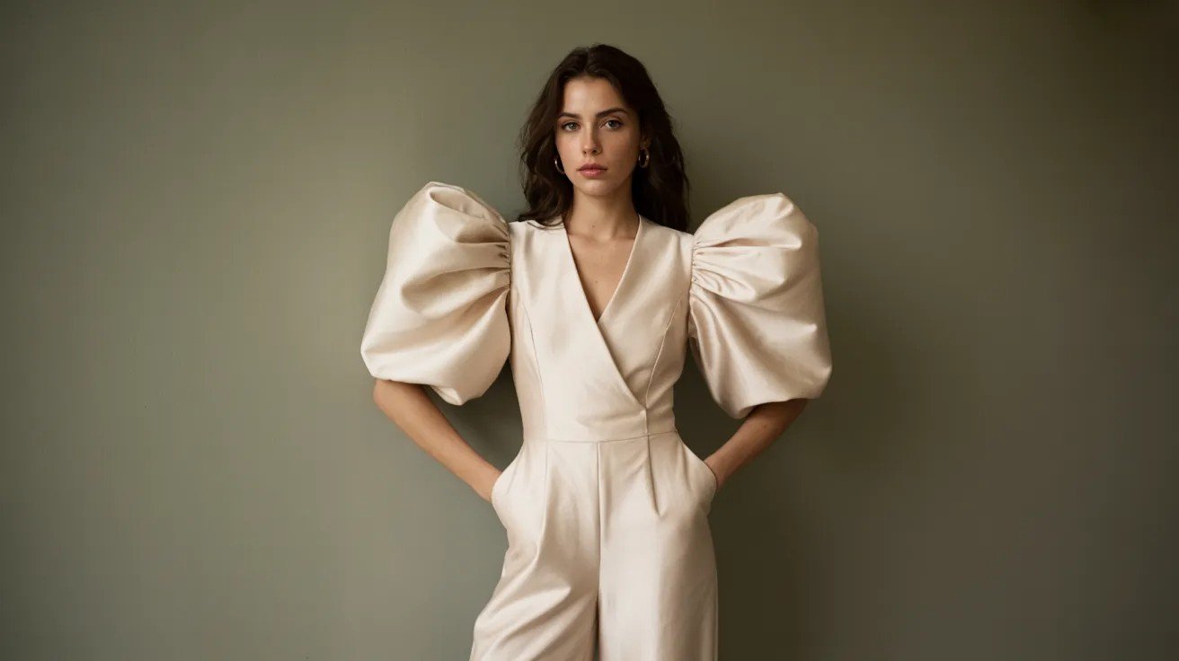 Woman in jumpsuit with statement sleeves posing in studio with bold fashion silhouette.
