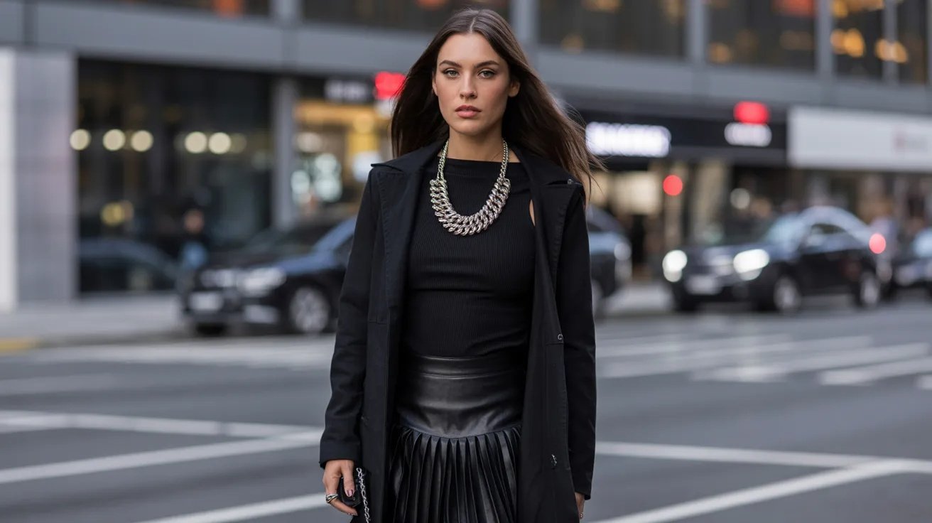 All-black outfit with black skirt for chic monochrome fashion look.
