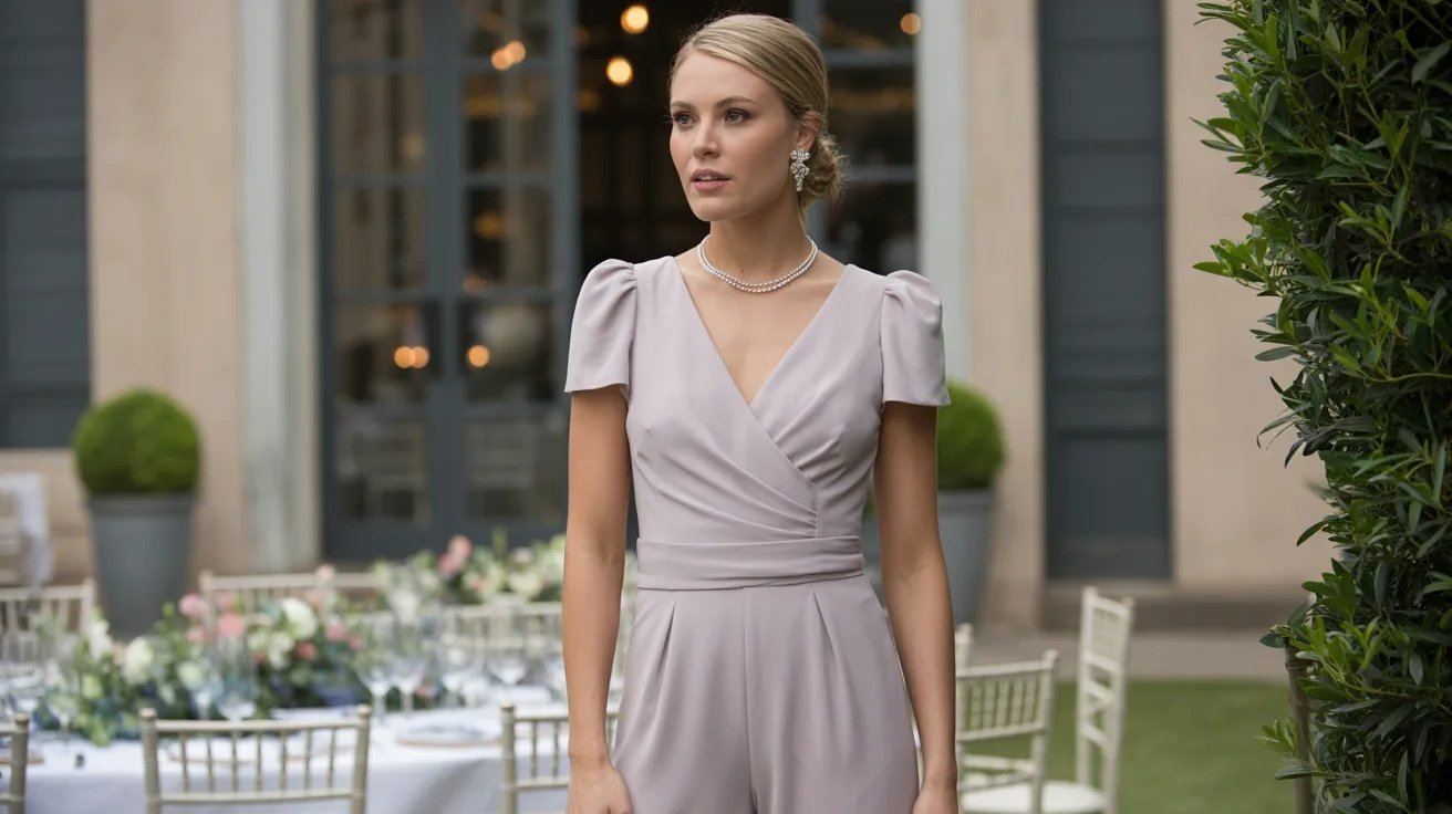 Woman in classy jumpsuit standing at outdoor wedding venue in polished guest outfit.