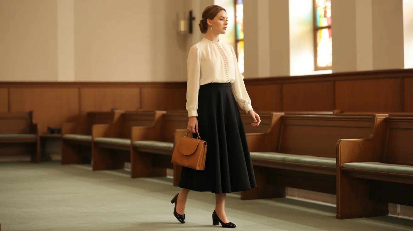 Black skirt styled with modest blouse for church or religious event.