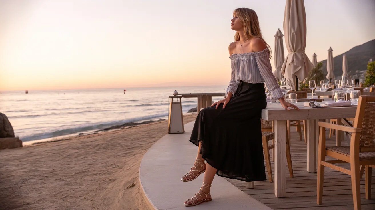 Black skirt styled with off-shoulder top for beachside dinner outfit.
