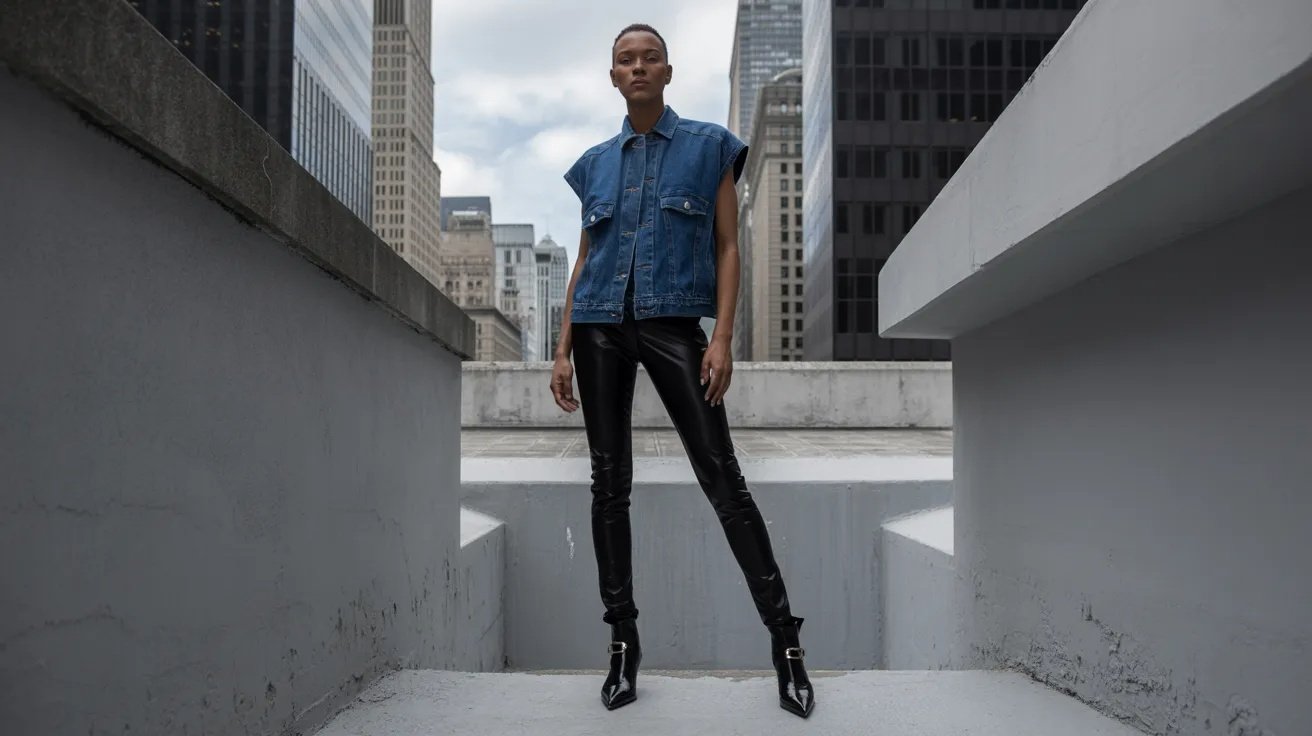 Denim vest styled with leather pants and ankle boots.