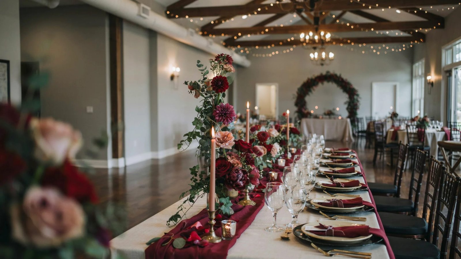 Wine and burgundy colors used together in wedding décor.