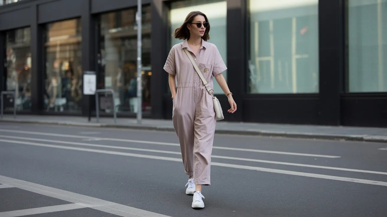 Woman in casual jumpsuit walking in city with sneakers