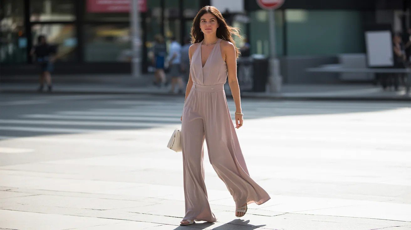 Woman wearing wide-leg jumpsuit walking in bright city street with relaxed modern style.