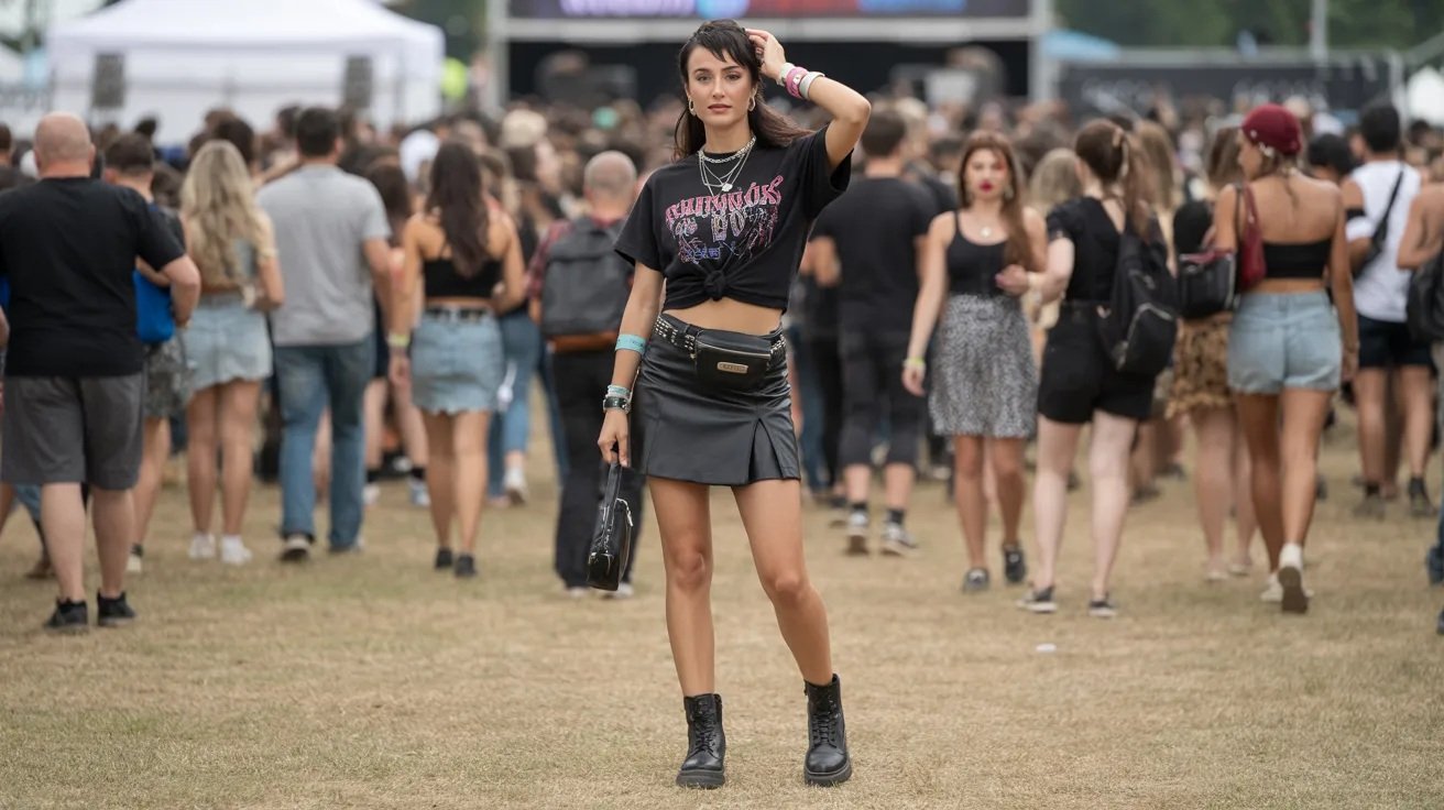 Black skirt with band tee and boots for festival concert outfit.