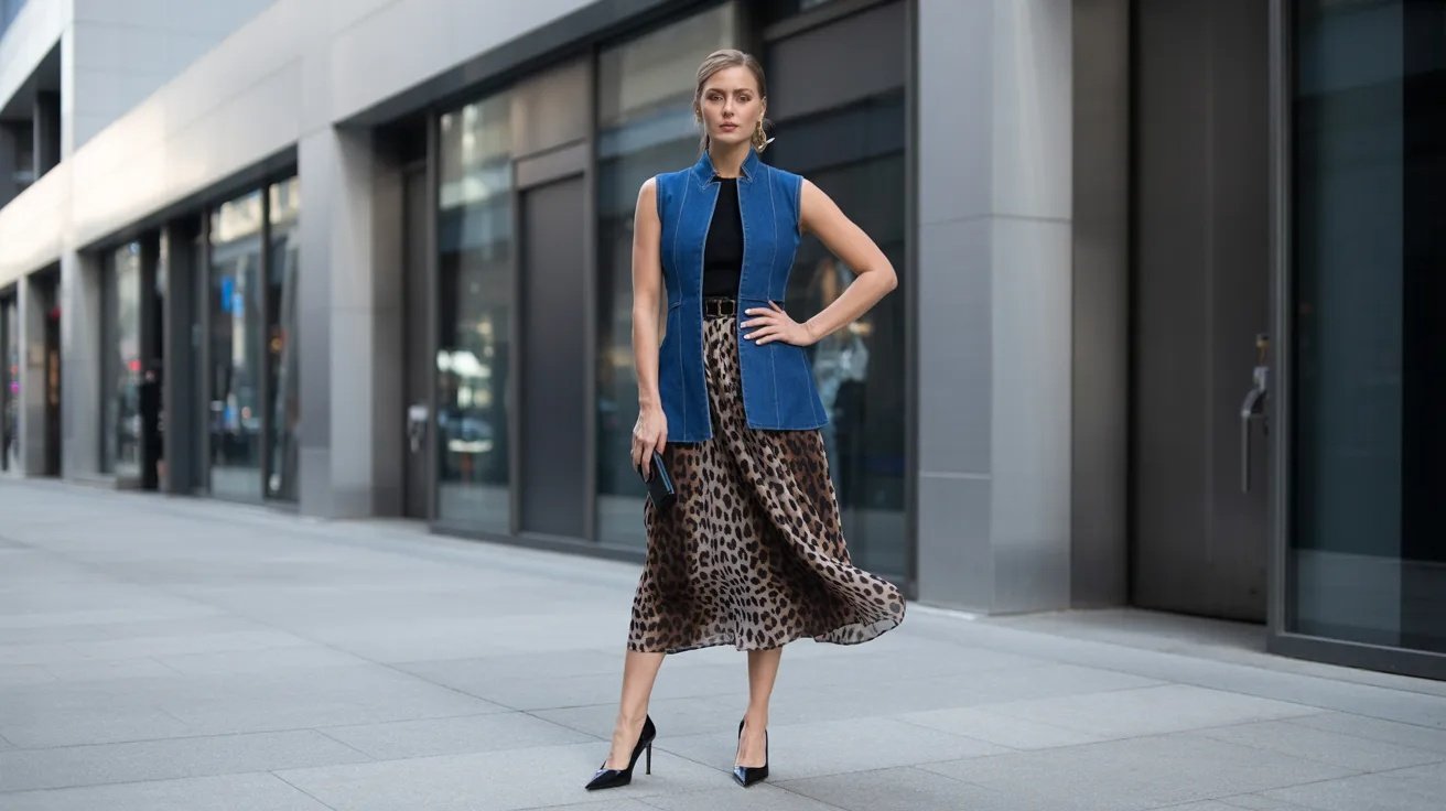 Denim vest worn with a leopard print skirt and black top.