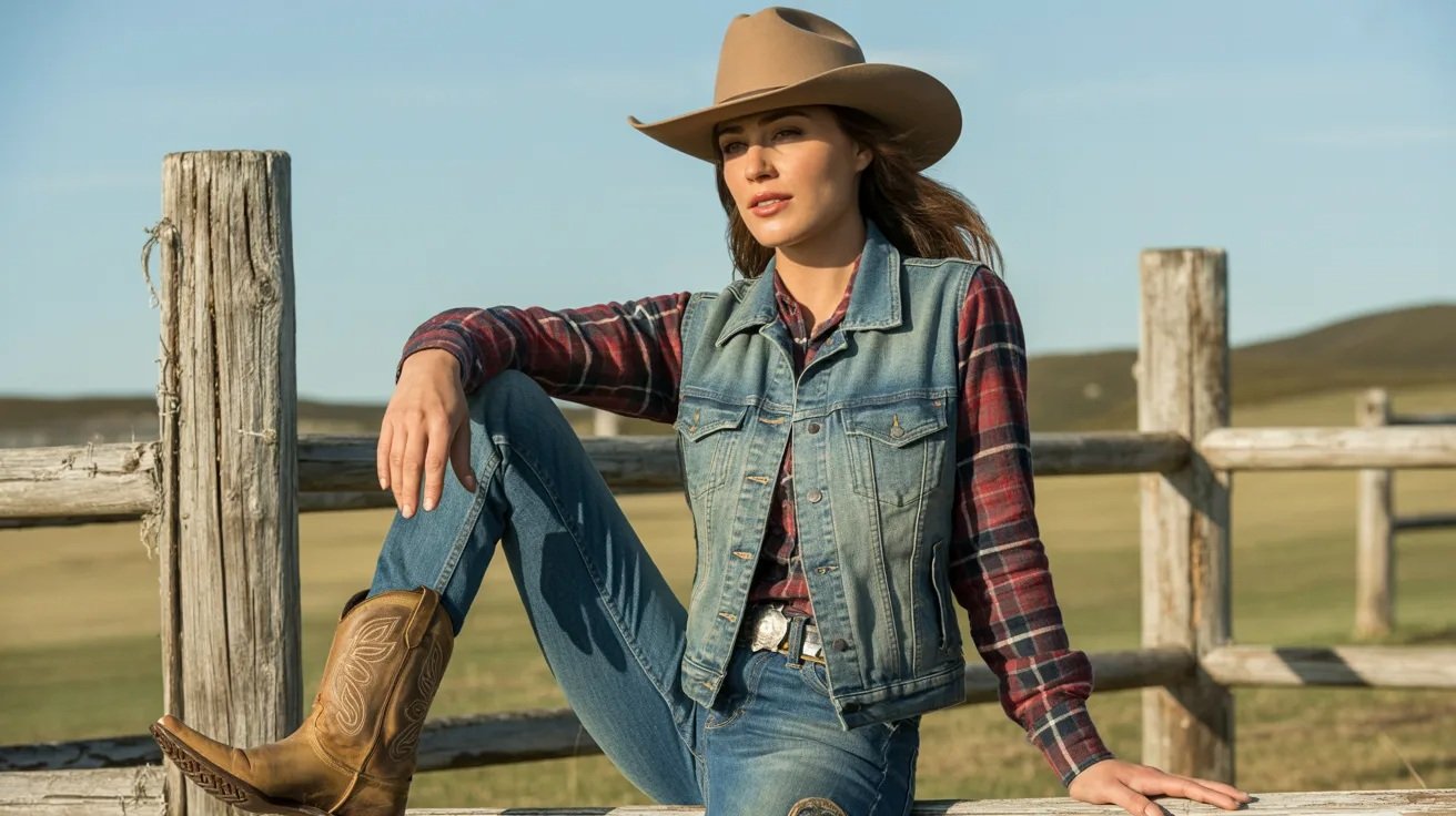 Western-inspired outfit featuring a denim vest and cowboy boots.