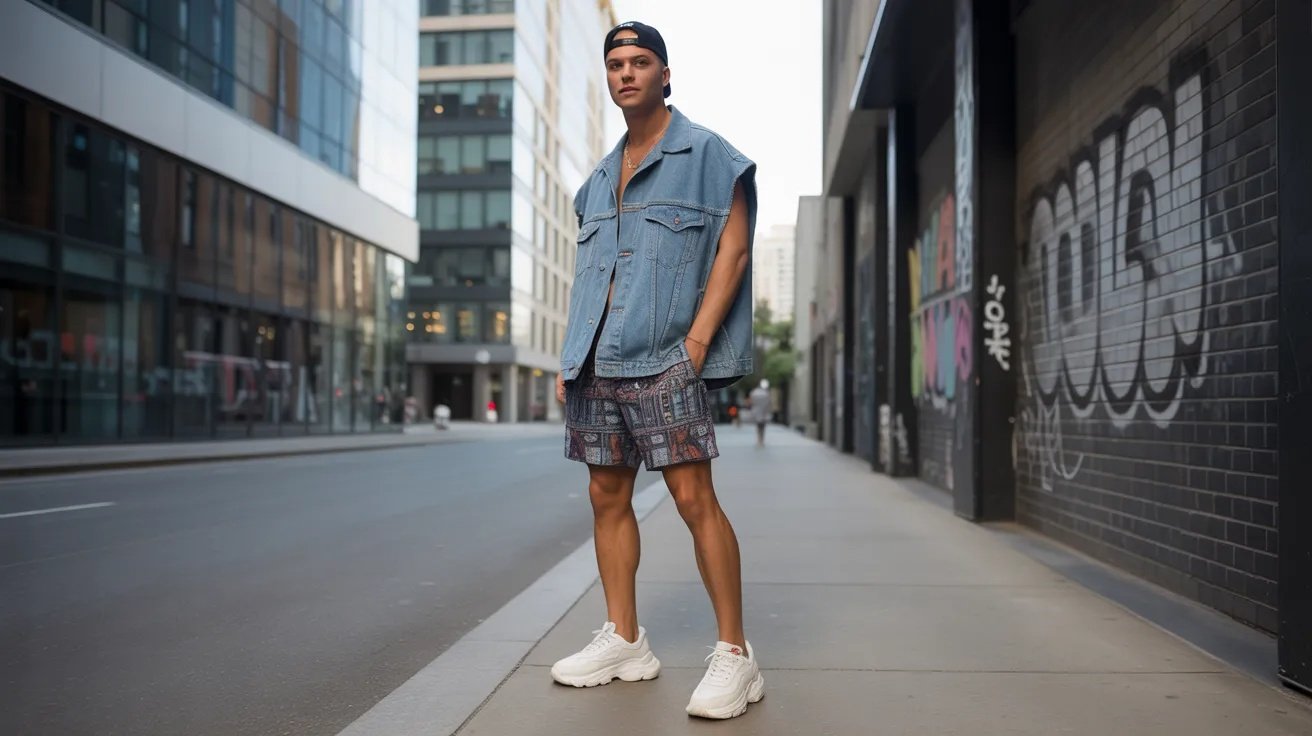 Oversized denim vest styled with boxer shorts and sneakers.