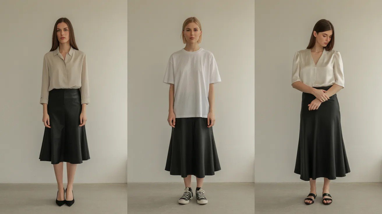 Black skirt styled in multiple versatile outfits for work casual and classy looks.