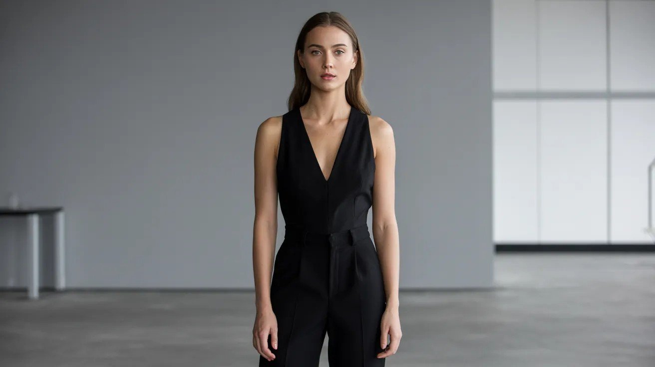 Woman in black minimalist jumpsuit posing in clean modern interior setting.